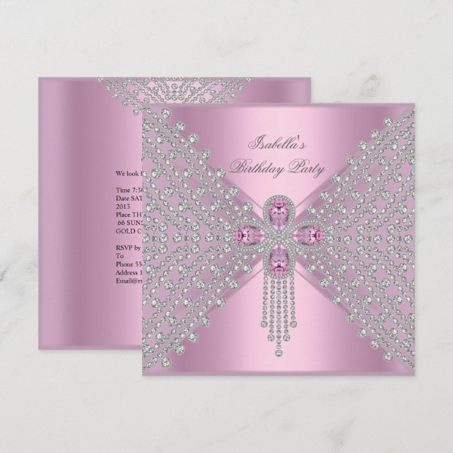 Invitation Anniversaire Pink Silver White Diamond (Devant / Derrière)