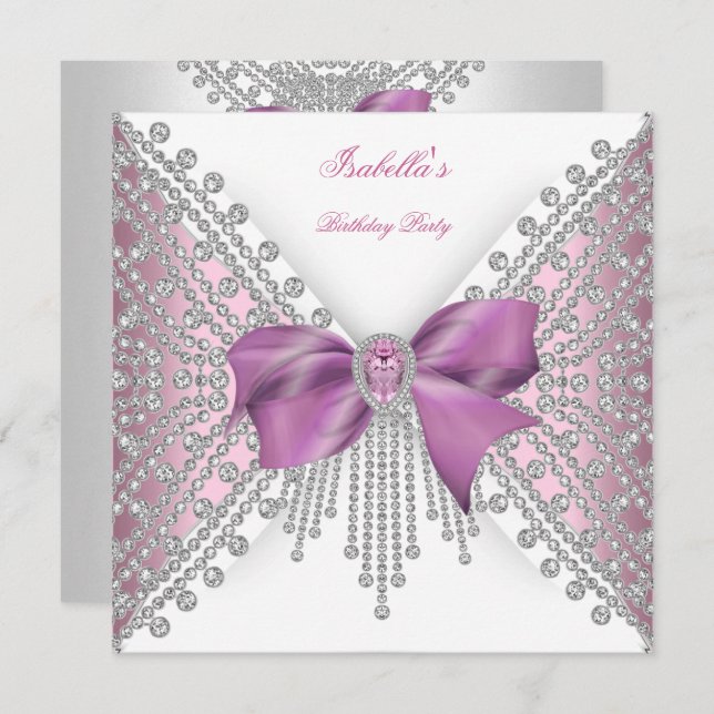 Invitation Anniversaire Pink Silver White Diamond Bow 2 (Devant / Derrière)