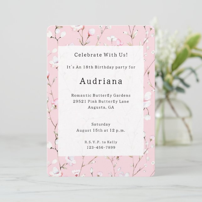 Invitation Anniversaire Plutôt Rose Blanc Floral (Debout devant)