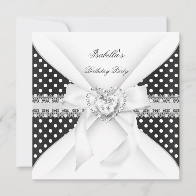 Invitation Anniversaire Pointe Polka Noir Blanc Diamant (Devant)