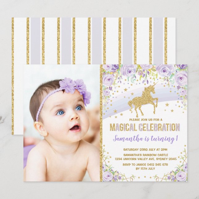 Invitation Anniversaire pourpre d'or de lavande de licorne (Devant / Derrière)