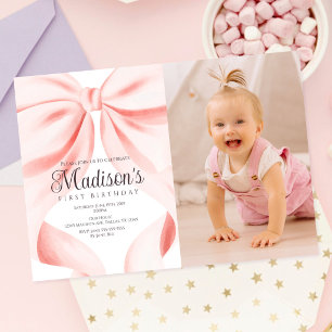 Invitation anniversaire premier avec un nœud rose