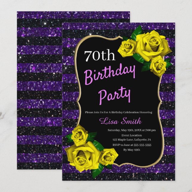Invitation Anniversaire Purple Black Stripes Parties scintill (Devant / Derrière)