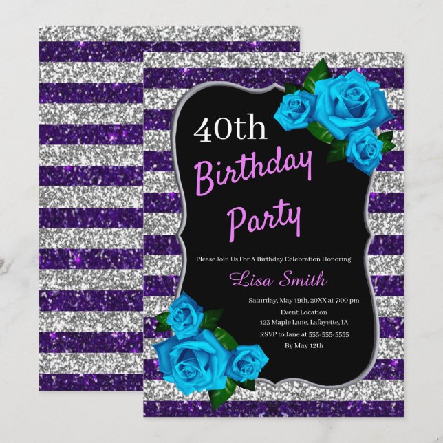 Invitation Anniversaire Purple Silver Stripes Parties scintil (Devant / Derrière)