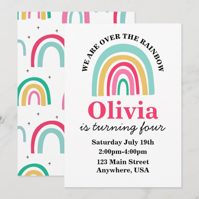Invitation anniversaire Rainbow aux couleurs vives (Devant / Derrière)