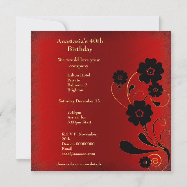 Invitation Anniversaire Red Fray avec Black Floral (Devant)