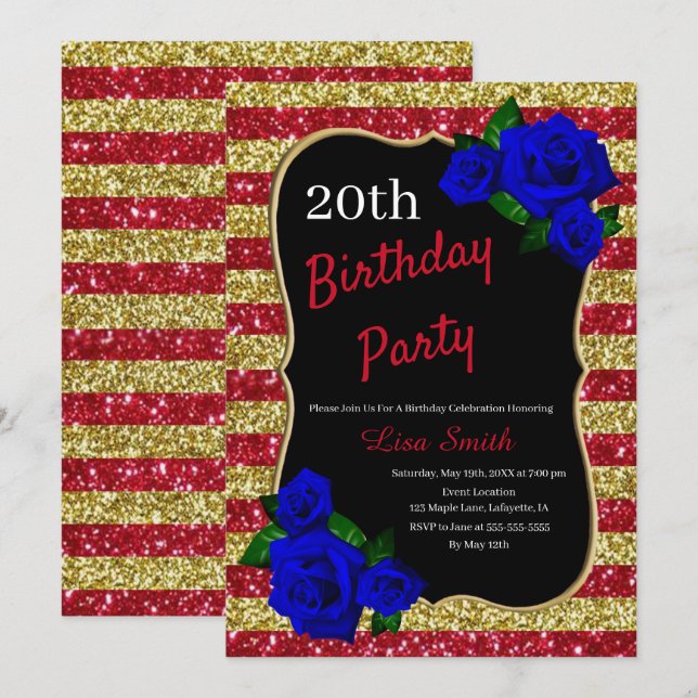 Invitation Anniversaire Red Gold Stripes Parties scintillant  (Devant / Derrière)