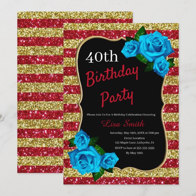 Invitation Anniversaire Red Gold Stripes Parties scintillant  (Devant / Derrière)
