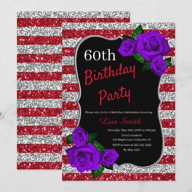 Invitation Anniversaire Red Silver Stripes Parties scintillan (Devant / Derrière)