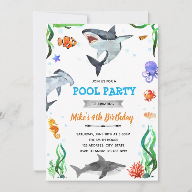 Invitation anniversaire requin sous la douche de mer (Devant)