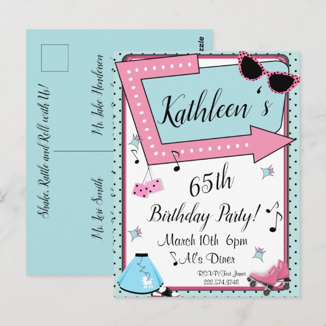 Invitation anniversaire rétro années 50 tout âge (Devant / Derrière)