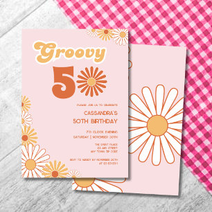 Invitation Anniversaire Rétro Daisy Boho Orange Rose 50 ans