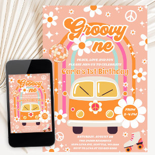 Invitation Anniversaire Rétro Hippie Daisy Rainbow Groovy Un 
