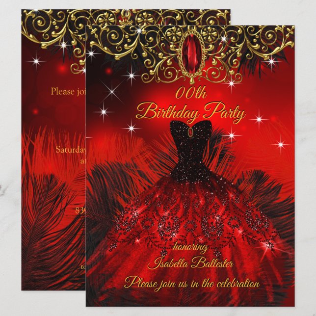 Invitation Anniversaire Robe rouge Plumes noires Or (Devant / Derrière)