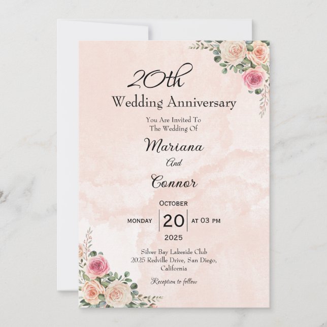 Invitation Anniversaire romantique de Mariage à la crème rose (Devant)