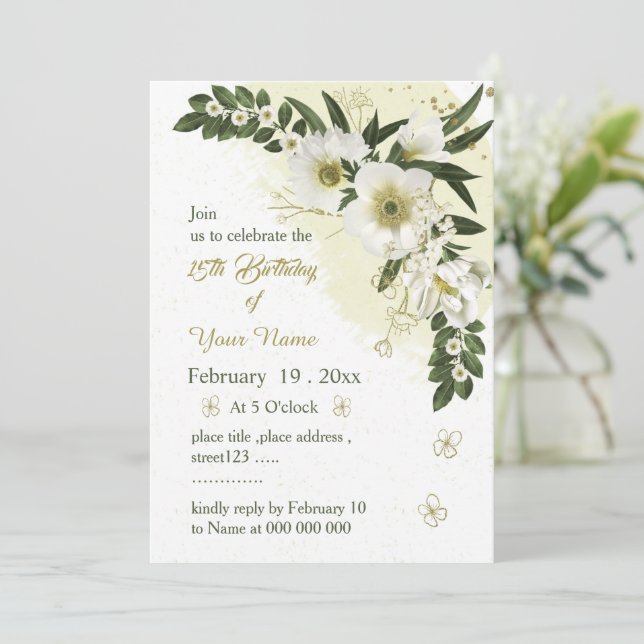 Invitation anniversaire romantique fleurs blanches et or (Debout devant)