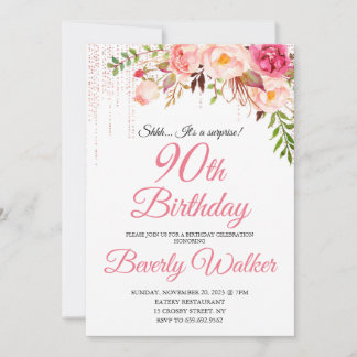 Invitation Anniversaire rose 90ème Surprise Floral