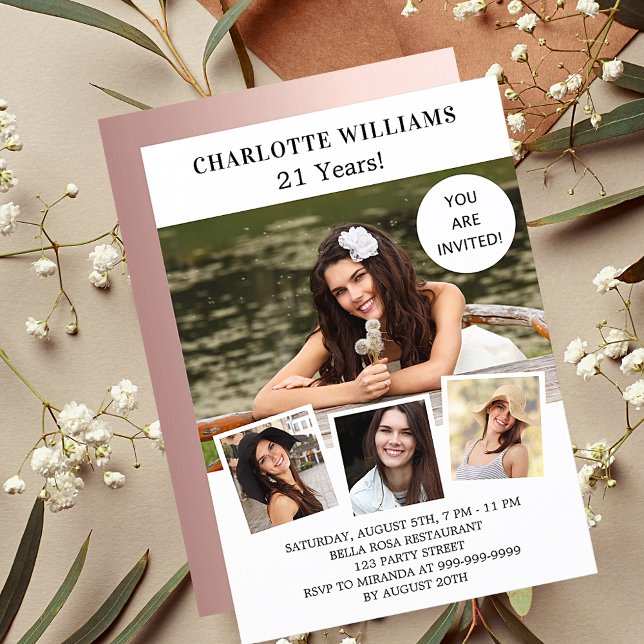 Invitation Anniversaire rose blanche or photo collage luxe (Créateur téléchargé)