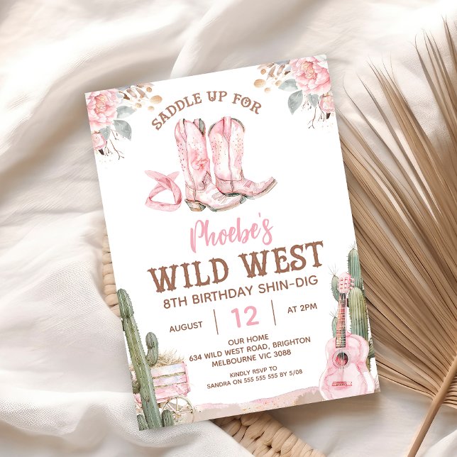 Invitation Anniversaire rose Brown Shin-Dig Wild West Anniver (Girls Western Wild West Birthday Invitation, Pink Boots Wild West Birthday Invite, Saddle Up)