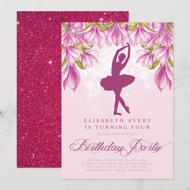 Invitation Anniversaire rose de Ballerina (Devant / Derrière)