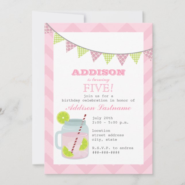 Invitation Anniversaire rose de Chevron de limonade et de (Devant)