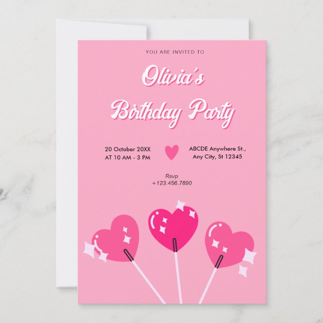Invitation Anniversaire rose de coeur mignon (Devant)