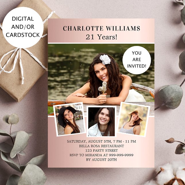 Invitation Anniversaire rose de fête d'or collage photo (Créateur téléchargé)