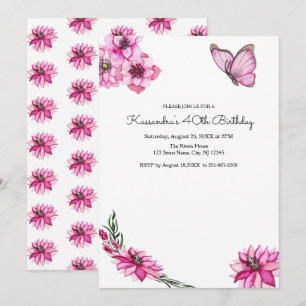 Invitation Anniversaire rose de fleurs et de papillon
