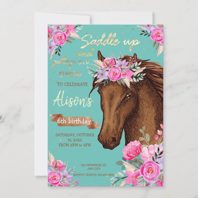 Invitation Anniversaire rose du cheval (Devant)