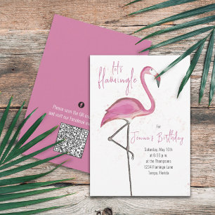 Invitation Anniversaire rose mignon Flamant rose QR Code Médi