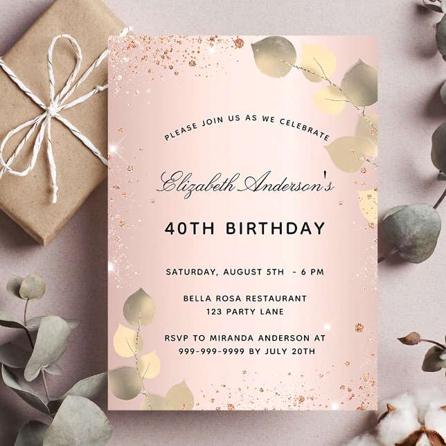 Invitation Anniversaire rose or blush eucalyptus luxe (Créateur téléchargé)