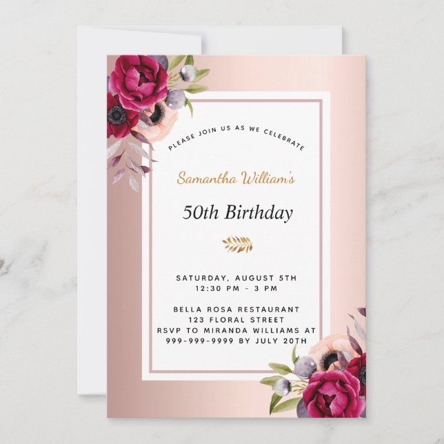 Invitation Anniversaire rose or bordeaux floral (Devant)