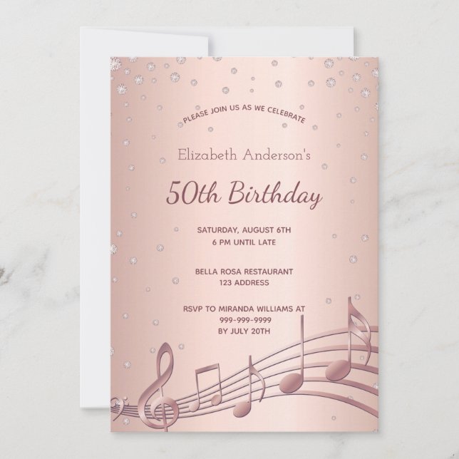 Invitation Anniversaire rose or diamants musique (Devant)