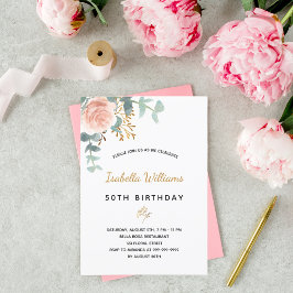 Invitation Anniversaire rose or eucalyptus verdure fleurie