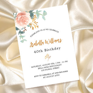 Invitation Anniversaire rose or fleuri eucalyptus luxe