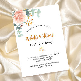 Invitation Anniversaire rose or fleuri eucalyptus verdure