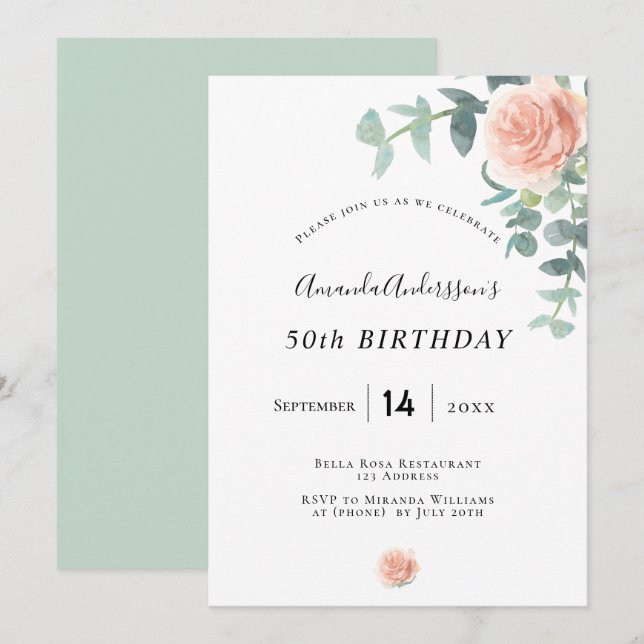 Invitation Anniversaire rose or fleuri geenergeen blanc éléga (Devant / Derrière)
