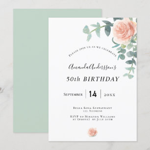 Invitation Anniversaire rose or fleuri geenergeen blanc éléga