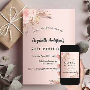 Invitation Anniversaire rose or pampas herbe fleurie luxe