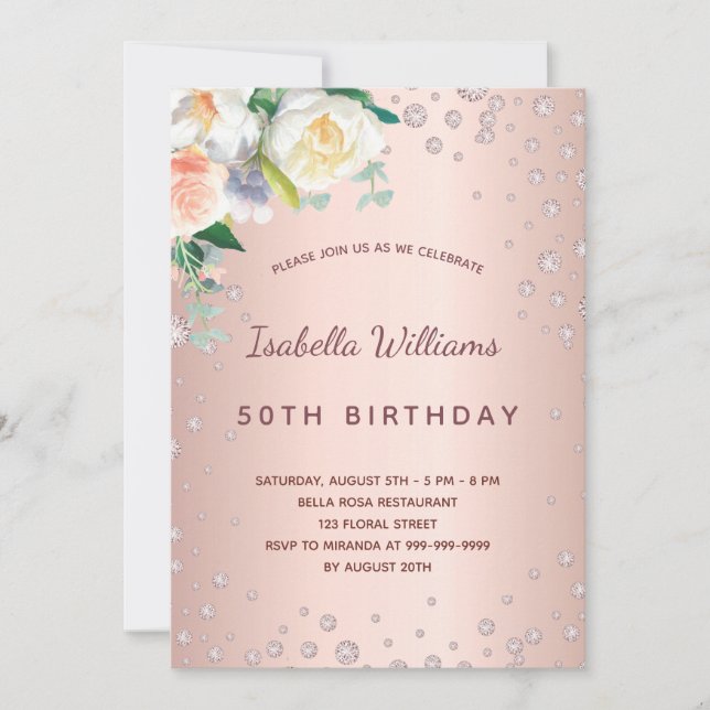 Invitation Anniversaire rose or rose diamants florales (Devant)