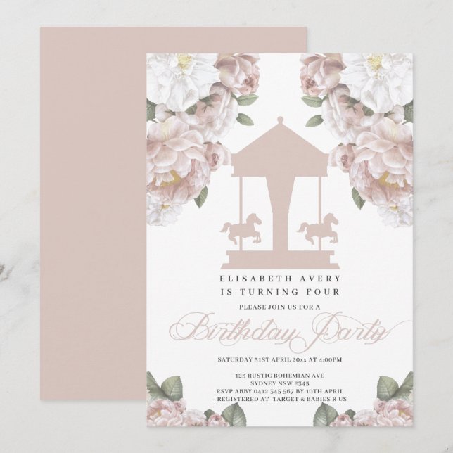 Invitation Anniversaire rose pâle du carrousel (Devant / Derrière)