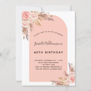 Invitation Anniversaire rose pâle pampas herbe or rose