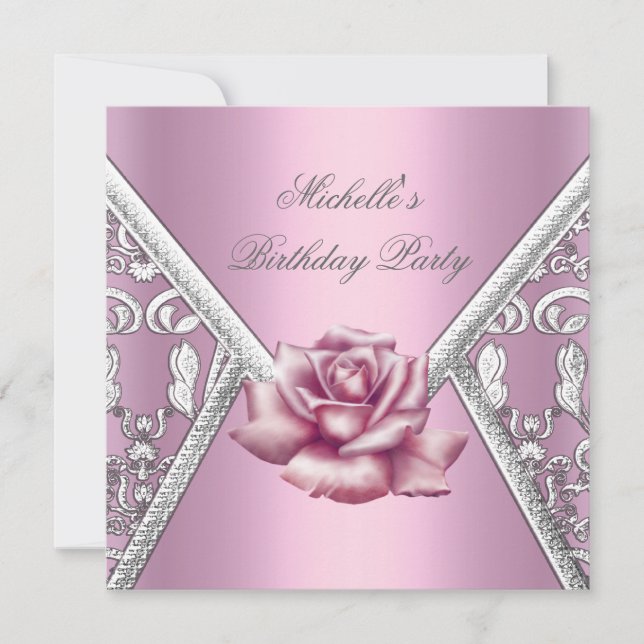 Invitation Anniversaire Rose rose Damask Argent Image (Devant)