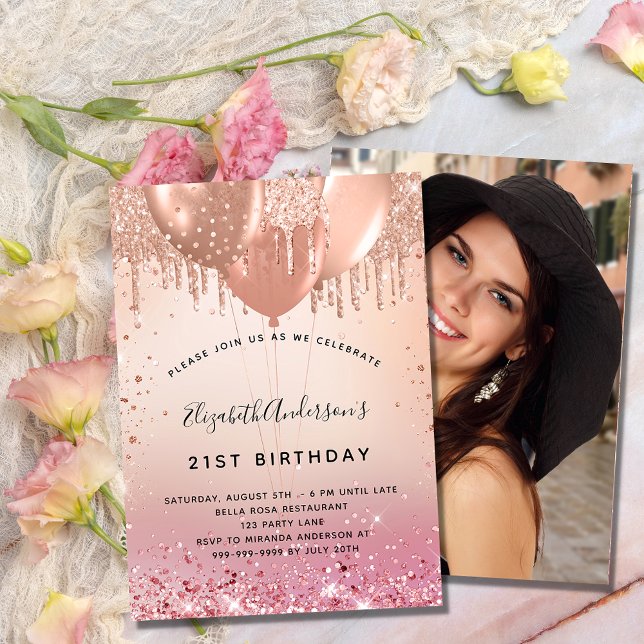 Invitation Anniversaire rose rose rose ballon d'or photo luxe (Créateur téléchargé)