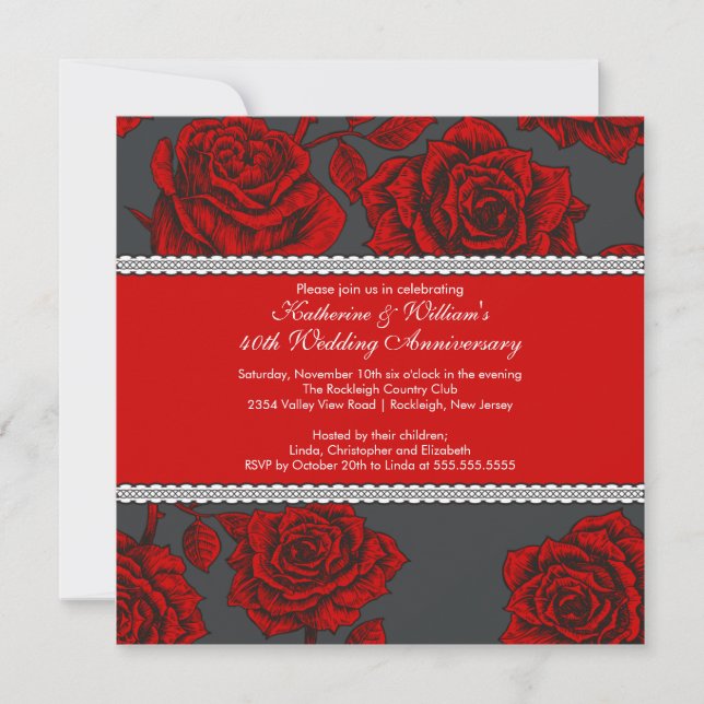Invitation Anniversaire Rose Vintage Noir Rouge (Devant)
