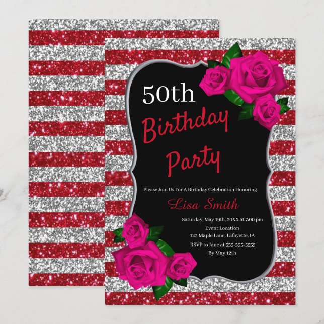 Invitation Anniversaire Rouge Argent Parties scintillant Rose (Devant / Derrière)