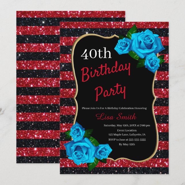 Invitation Anniversaire Rouge Black Stripes Parties scintilla (Devant / Derrière)