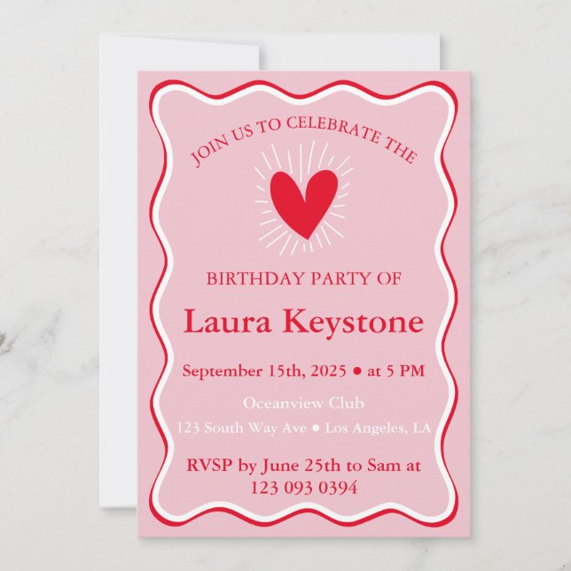 Invitation Anniversaire rouge et blanc rose rétro (Devant)