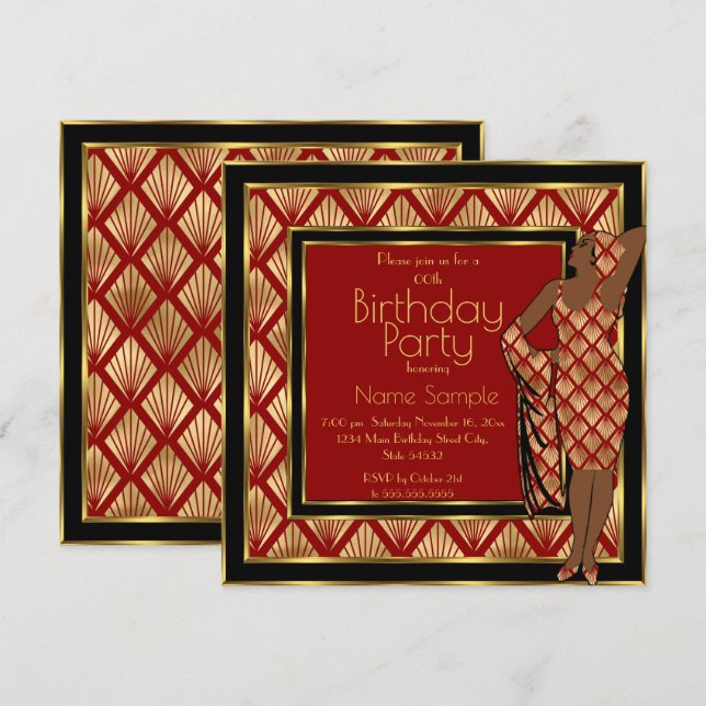 Invitation Anniversaire Rouge Noir Or Art Déco 1930 Dame (Devant / Derrière)