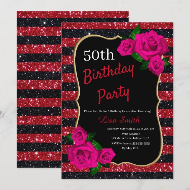 Invitation Anniversaire Rouge noir Parties scintillant Roses  (Devant / Derrière)